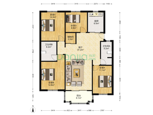 紫荆家园 4室1厅2卫 133平方
