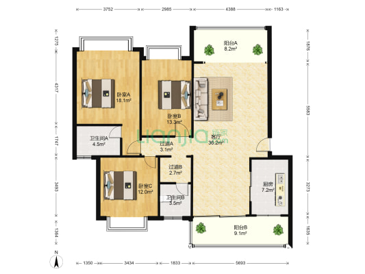 天泽园 3室1厅2卫 131平方