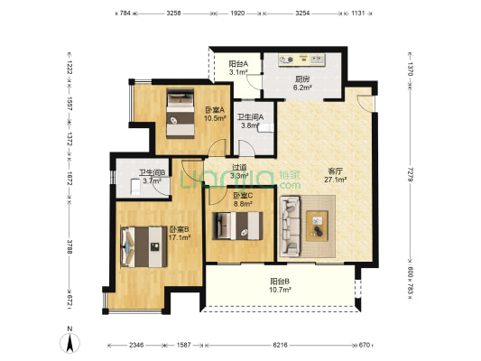 金科岭上A区 3室1厅2卫 109平方