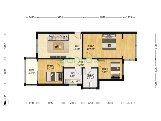 鹿冲关路36号 3室1厅1卫 84平方