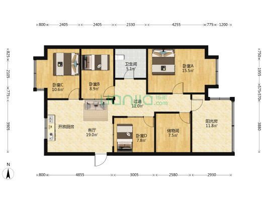 金泰国际装饰城 4室1厅1卫 117平方
