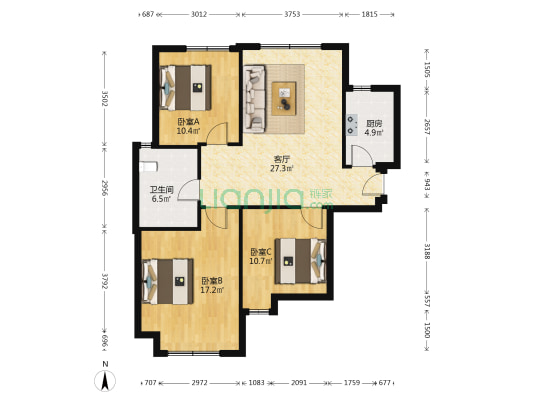 银座广场 3室1厅1卫 113平方
