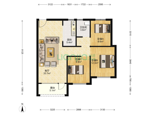 融创城 3室1厅1卫 103平方