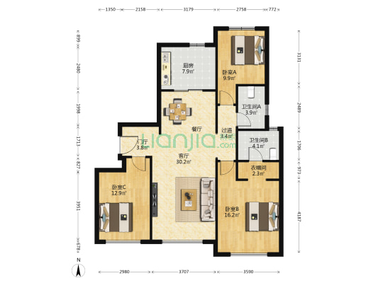 中海寰宇天下 3室1厅2卫 120平方