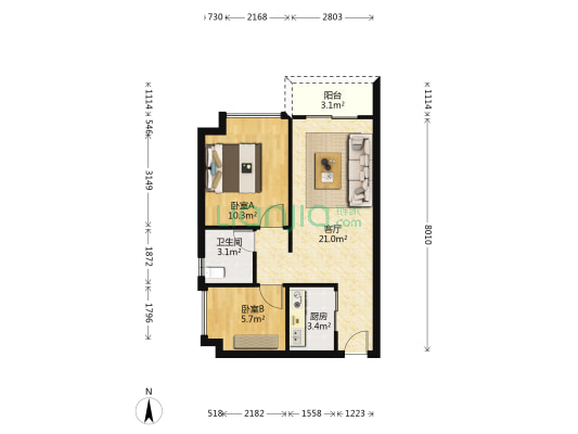 西山吓庭苑 2室1厅1卫 64平方