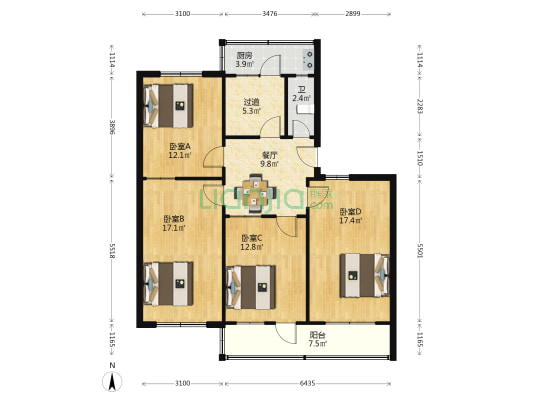 山东经贸职业学院家属区 4室1厅1卫 98平方