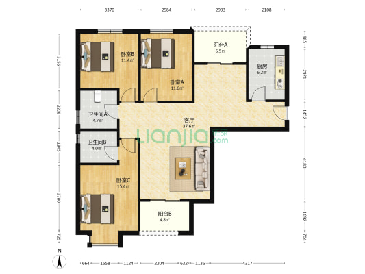 龙湖玖号院 3室1厅2卫 129平方