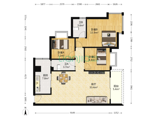 西计花园 3室1厅2卫 108平方
