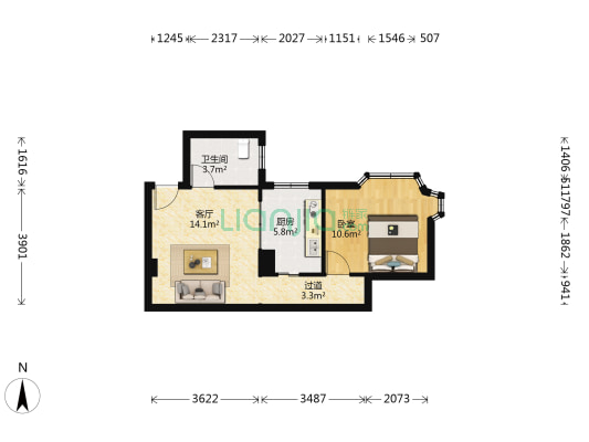 社会科学院宿舍 1室1厅1卫 43平方