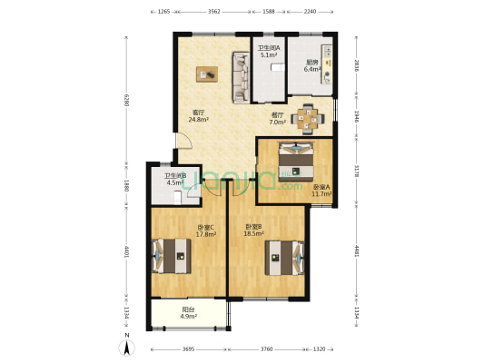 迎春公寓 3室2厅2卫 120平方