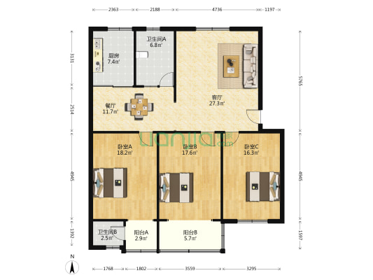 电信小区（航天大道） 3室2厅2卫 140平方
