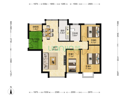 山语城二期 3室1厅1卫 88平方