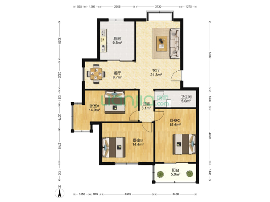 顺嘉花园 3室2厅1卫 112平方