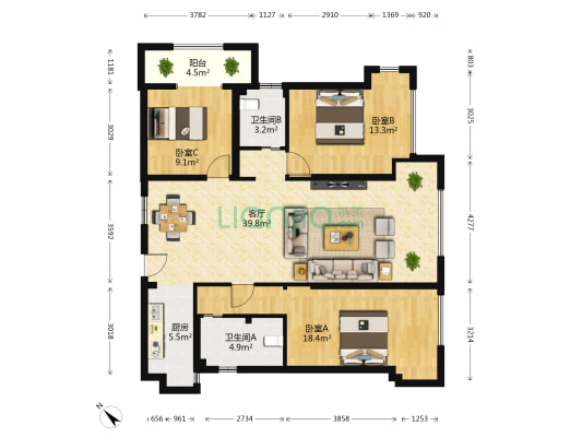 源泉尚璟 3室1厅2卫 121平方