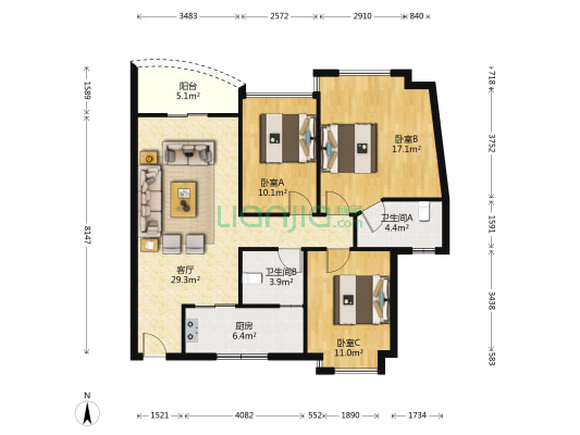 蔚蓝星湖 3室1厅2卫 109平方