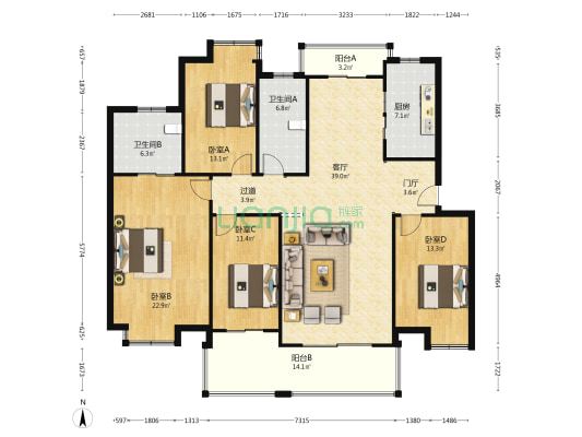 江山星园 4室1厅2卫 158平方