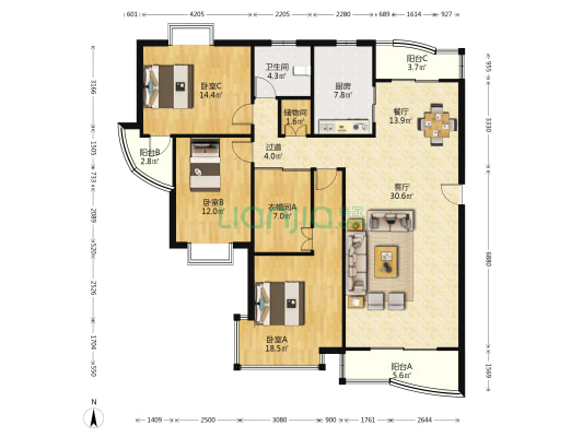 虹叶茗园 3室2厅1卫 155平方