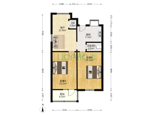 汉中西路114号 2室1厅2卫 76平方