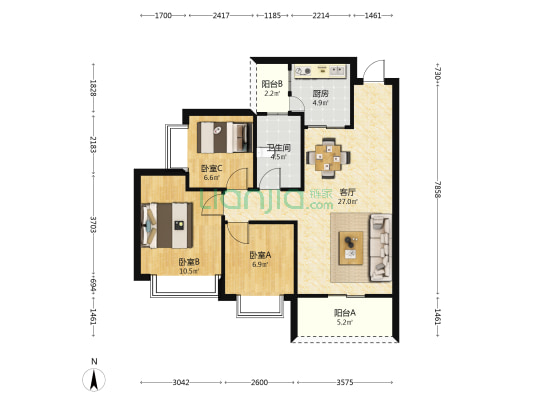 恒大文化旅游城6组团 3室1厅1卫 93平方