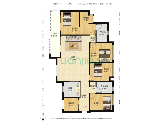 金地天河峯睿 4室1厅2卫 132平方