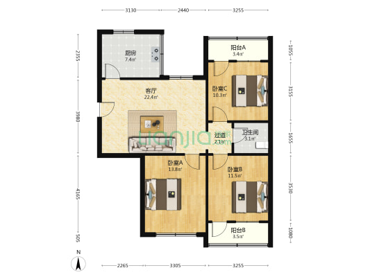 广播局宿舍楼 3室1厅1卫 106平方