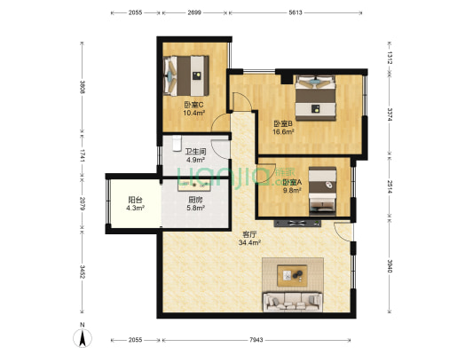 新港国际花园 3室1厅1卫 124平方