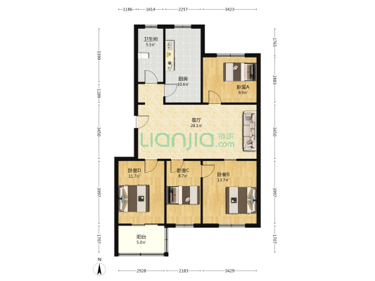 五门桥东区 4室1厅1卫 113平方