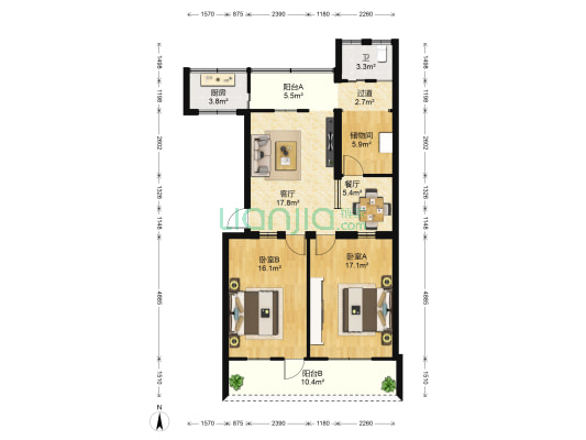 工业局宿舍 2室2厅1卫 75平方