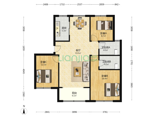 保利开投徕卡公园东区 3室1厅2卫 118平方