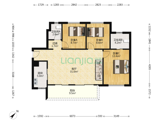 万科时代之光 3室1厅2卫 100平方