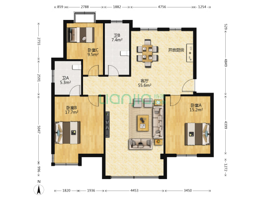 新联花苑 3室1厅2卫 135平方