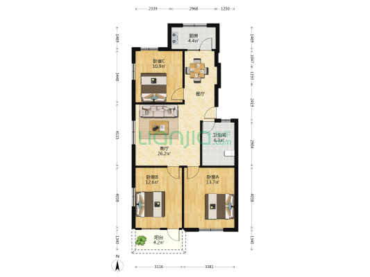 农林大学东区教工宿舍 3室1厅1卫 106平方