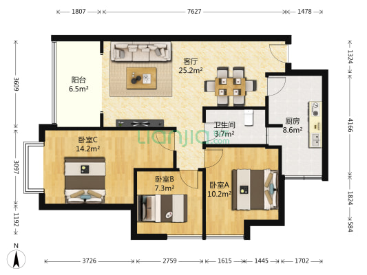 正隆红桂林 3室1厅1卫 92平方
