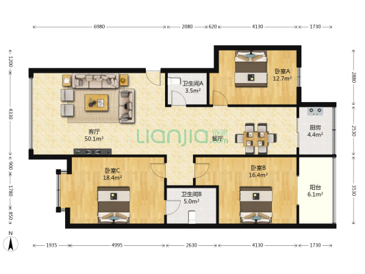 樱花园 3室1厅2卫 143平方