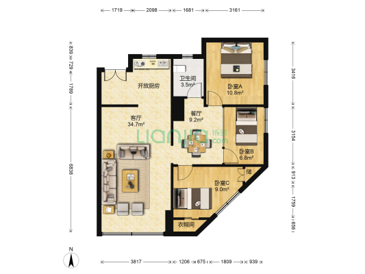 华荣大厦 3室2厅1卫 131平方