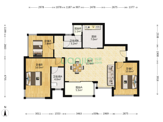 万科星光森林B区 3室1厅2卫 105平方