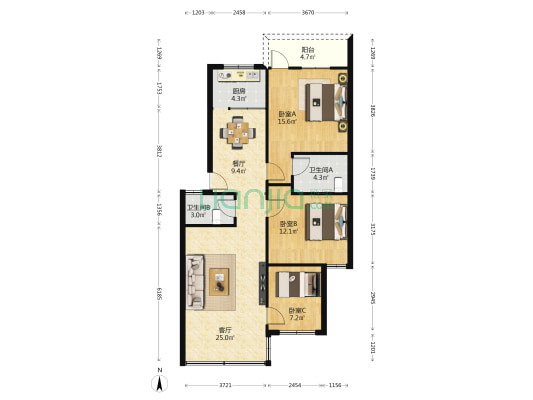 建发环中楼 3室2厅2卫 103平方