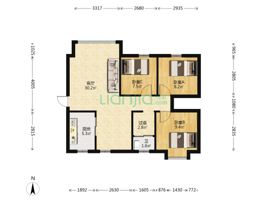 谷山乐园2期 3室1厅1卫 88平方