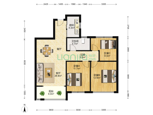 水绘绿源 3室1厅1卫 94平方