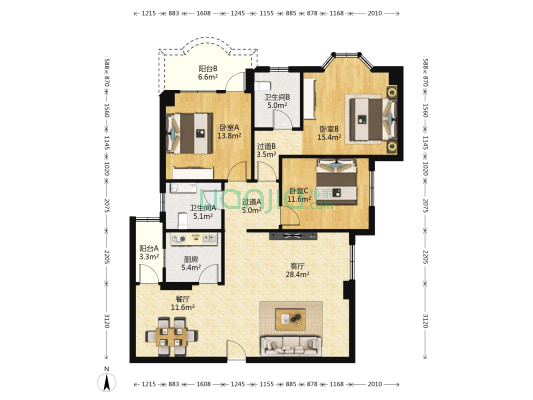 凤凰公寓 3室2厅2卫 130平方