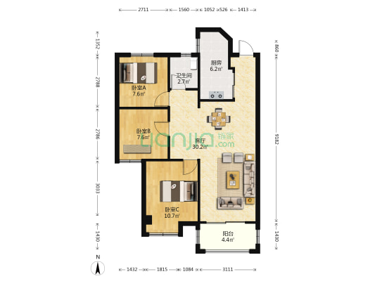 中建龙庭嘉园A区 3室1厅1卫 90平方