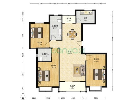 明城玫瑰园 3室1厅2卫 129平方