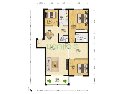 园中园南苑 3室1厅2卫 111平方