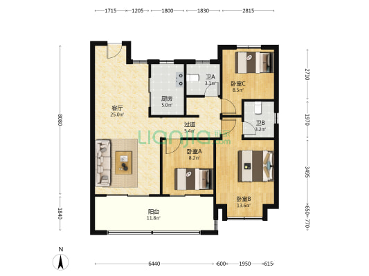 高速信达时代星河北区 3室1厅2卫 118平方