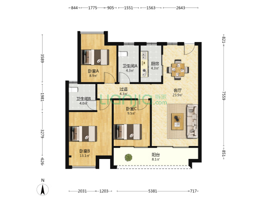 嘉福新天地 3室1厅2卫 109平方