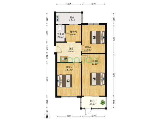 顺柳巷社区四号院 3室1厅1卫 78平方