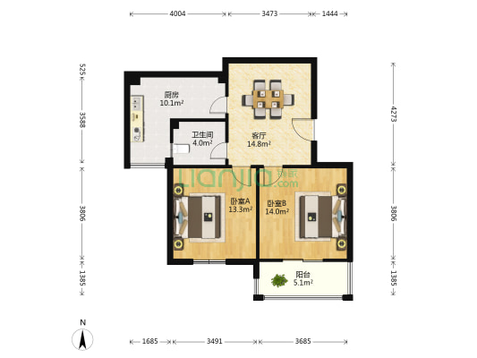 苹果社区 2室1厅1卫 81平方