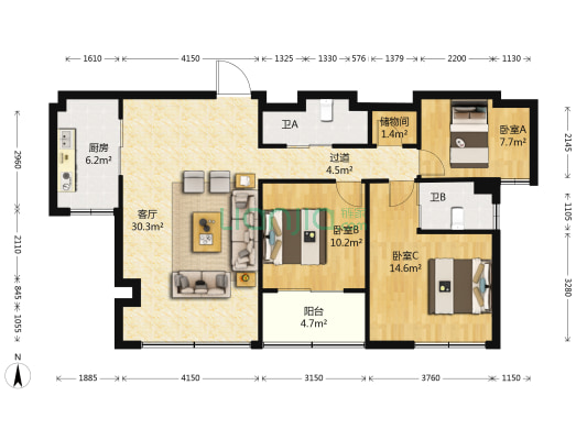 瑞丰锦园 3室1厅2卫 109平方