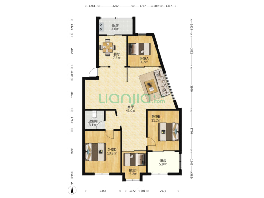洪腾新村 4室2厅1卫 124平方