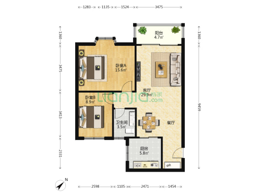 富丽阁 2室1厅1卫 80平方
